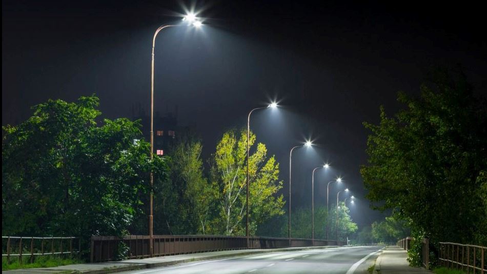 Streetlights along roadway at night